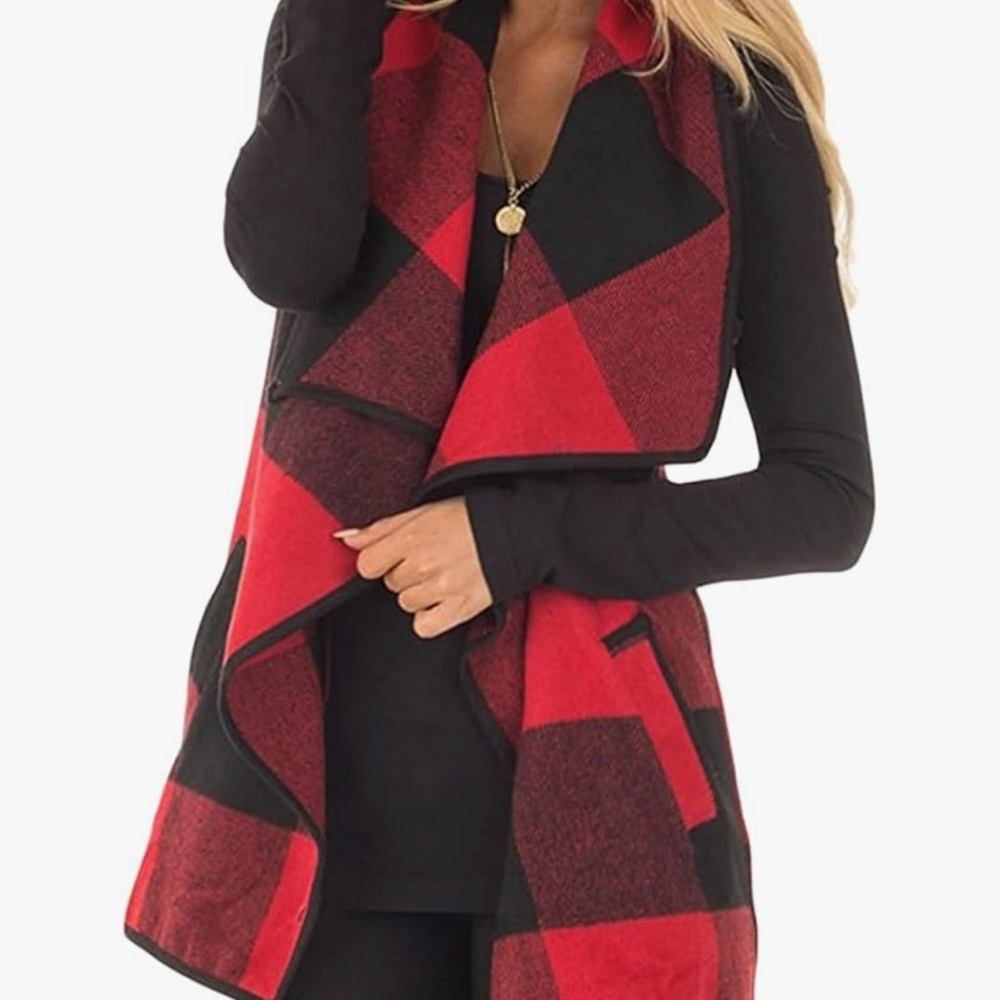 Plaid Vest Lapel Open Front Sleeveless Jacket Outerwear Cardigan with Pockets